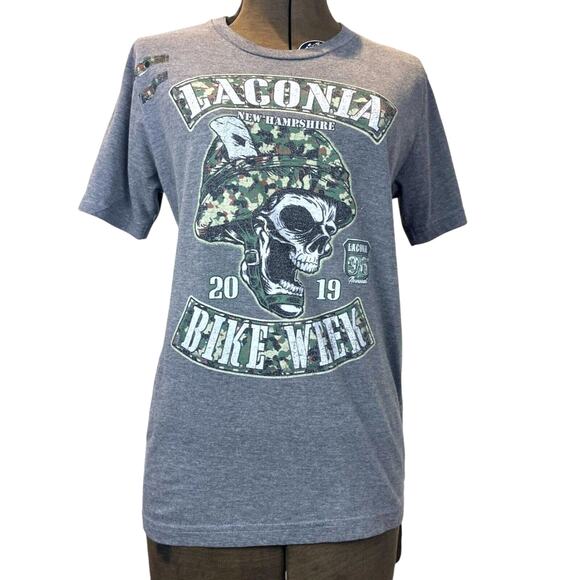 Laconia New Hampshire‎ 2019 Biker Week Mens T-Shirt (S) Gray Harley Camo Skull - Picture 1 of 6